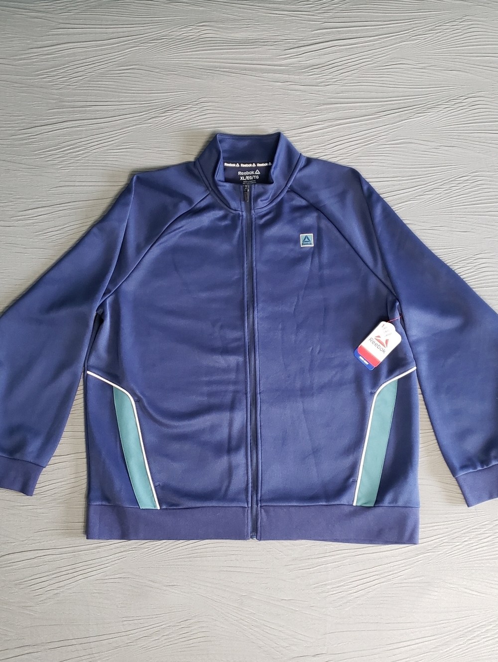 NWT! REEBOK Dry Men's Classic Full-Zip Athleisure Track Jacket (XL) Navy/Aqua